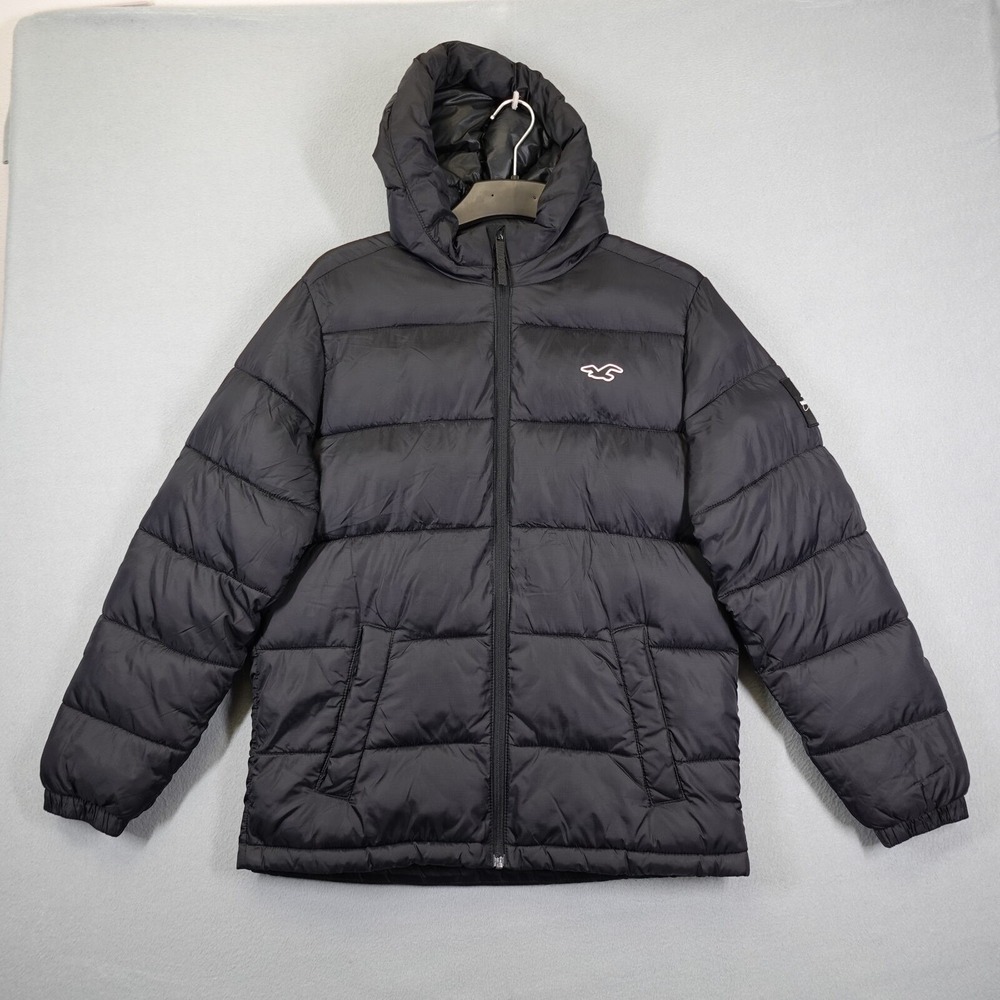 Hollister Puffer Jacket Mens M Black Hooded Full Zip Quilted Winter Coat